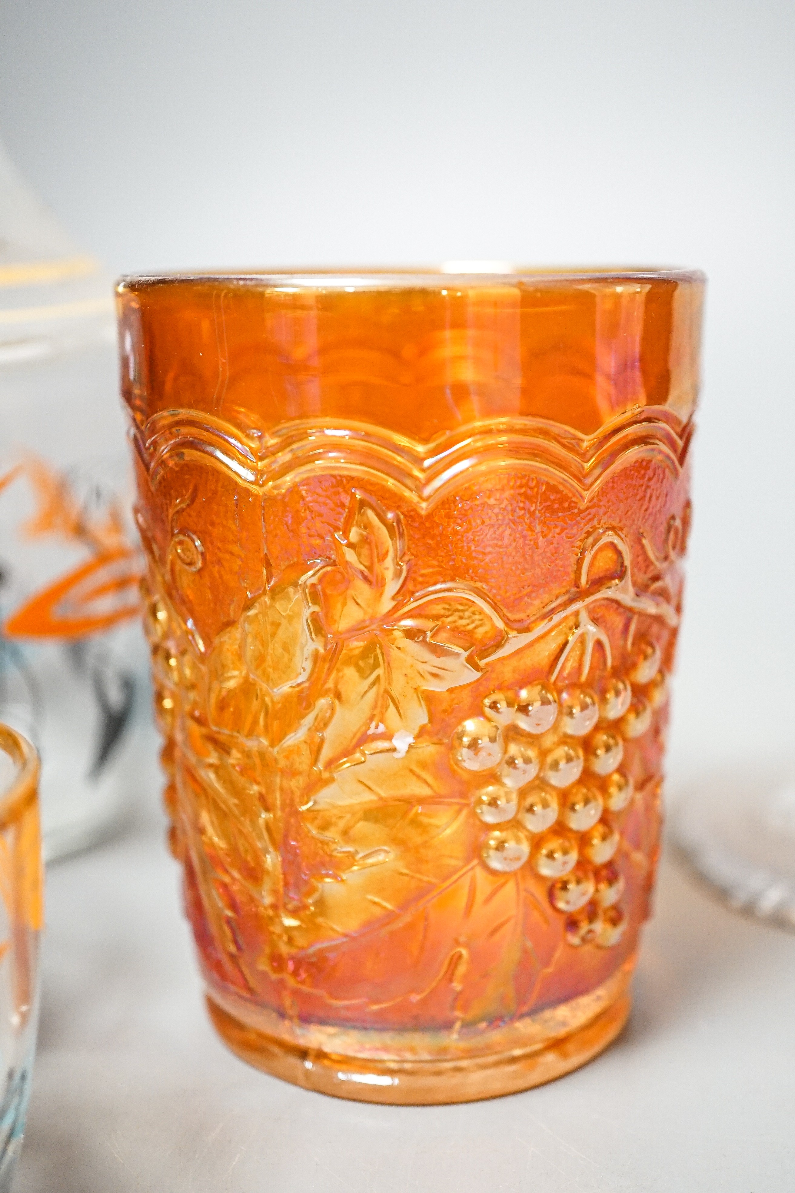 A pair of opaque twist cordial glasses with floral engraved bowls, 14cm and sundry glassware